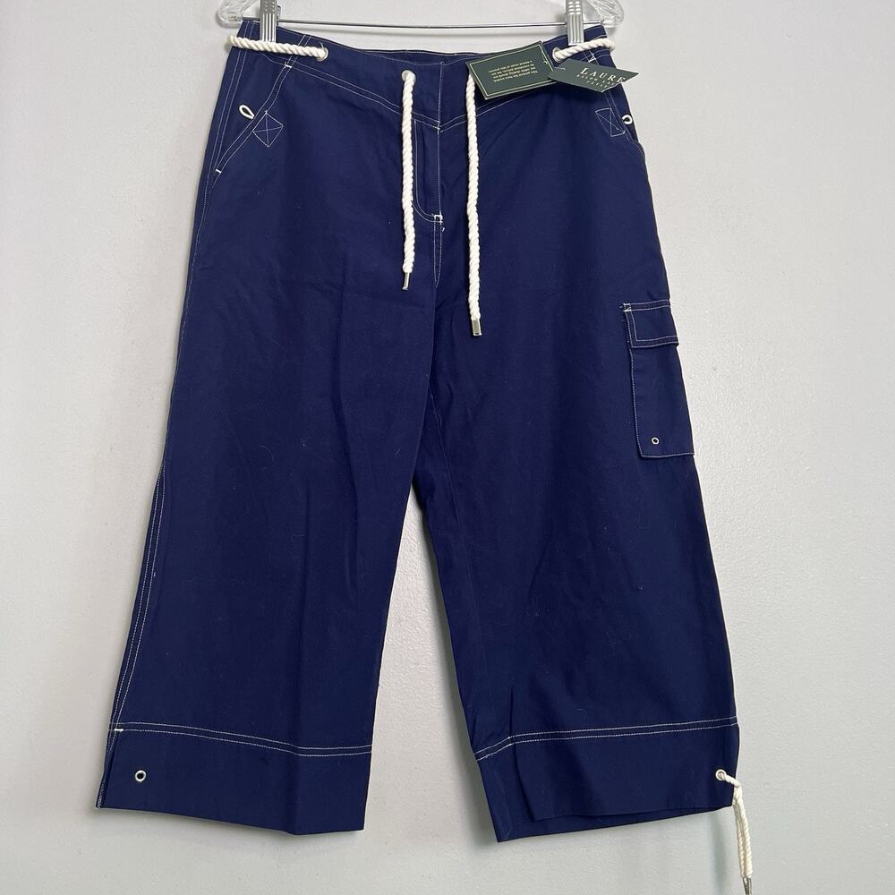 NWT LRL Women's navy nautical rope tie cropped cargo Pants Sz 10 Navy Blue
